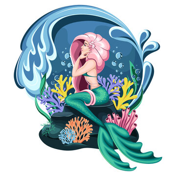 Beautiful mermaid with pink hair and a green tail sits on the rocks underwater. Vector illustration.
