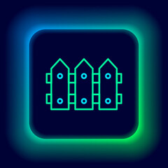 Glowing neon line Garden fence wooden icon isolated on black background. Colorful outline concept. Vector