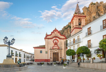 Fototapeta na wymiar The Santa Maria de la Mesa Church on the Plaza de Zahara in the Andalusian white village of Zahara de la Sierra, Spain.