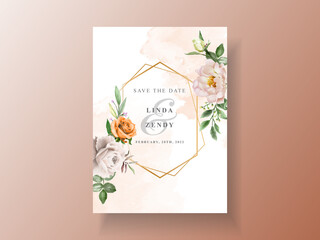 Beautiful wedding invitation card with elegant flower and leaves watercolor