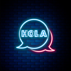 Glowing neon line Hola icon isolated on brick wall background. Colorful outline concept. Vector © vector_v