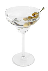 Martini cocktail with olives on white background