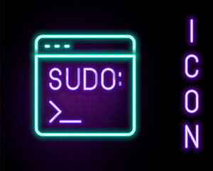 Glowing neon line Code terminal icon isolated on black background. Browser window with command line. Command panel. Programming coding. Notepad. Colorful outline concept. Vector