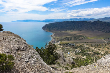 Nature photos on the Golitsyn trail. Landscapes of the Black Sea and the Crimean mountains in greenery. Crimea.