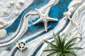Sand frame, seashells, starfish, cord and exotic plant. Summertime monochromatic off white and...