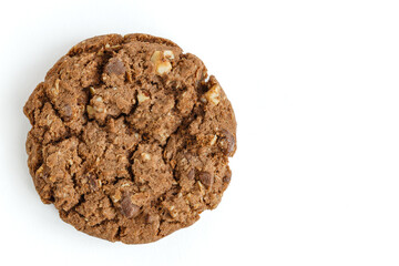 Cookies with chocolate and nuts are highlighted on a white background. Flat lying.