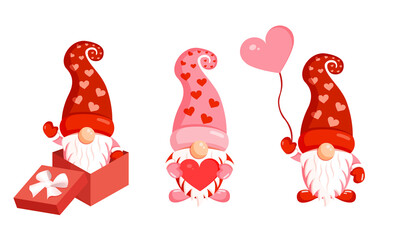 Three pretty gnome on Valentine's Day. Vector romantic illustration of nordic elves.