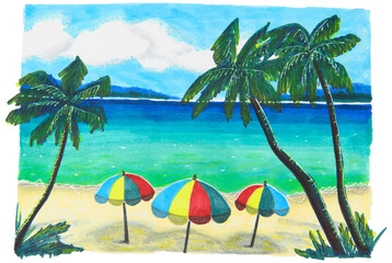 Azure sea, clean sandy beach with colored umbrellas and palm trees