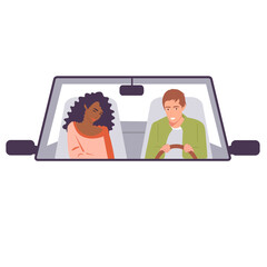 A trip, a journey in a car. A girl and a guy, a man and a woman, a young family. Vector flat, white background.