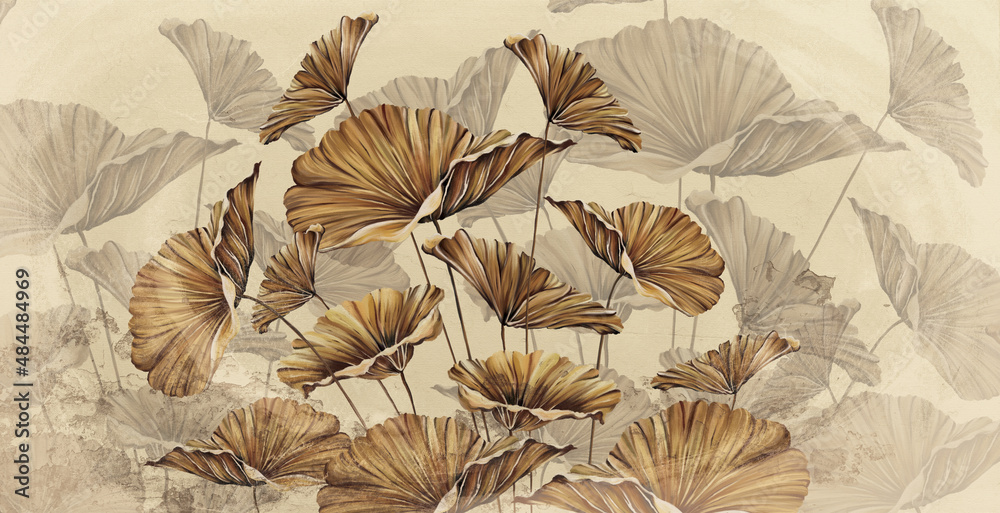 Wall mural golden leaves on a beige textured wall, art drawing, interior photo wallpaper