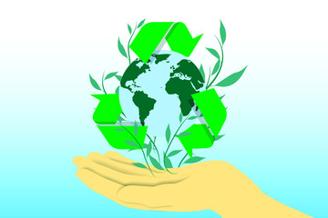 Hand holding planet earth with recycling symbol around it. Care for the environment and responsible use of natural resources