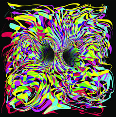 Abstract exploded torus inside view in crazy psychedelic and twisting stripes. Vector colorful  illustration on black background.