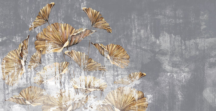 gold art painted leaves on a gray worn texture background, photo wallpaper in the interior of the room © Виктория Лысенко