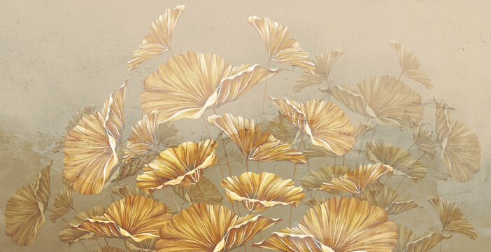 vintage golden leaves painted in pastel style on the texture, photo wallpaper in the interior © Viktorious_Art
