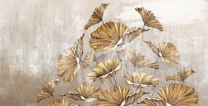 Fototapeta art painted golden leaves in pastel technique on a texture wall, photo wallpaper in the interior