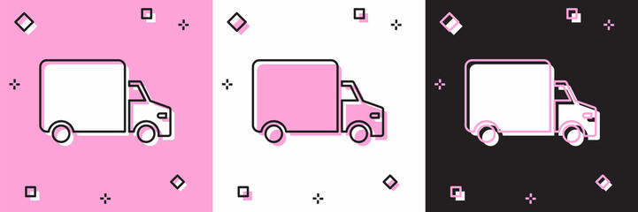 Set Delivery cargo truck vehicle icon isolated on pink and white, black background. Vector