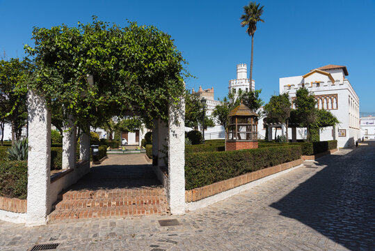 Santa María Square with the Mercedes Gaibrois Municipal Public Library building in neo-Mudejar style, Tarifa, Cadiz, Andalusia, Spain