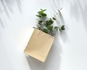 Craft bag with wintertime eucalyptus twigs. Copy-space on brown cardboard paper bag. Winter flat...