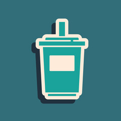 Green Paper glass with drinking straw and water icon isolated on green background. Soda drink glass. Fresh cold beverage symbol. Long shadow style. Vector