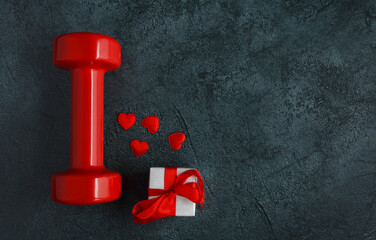 Red dumbbell, small gift or engagement ring box, decorative hearts. For Valentine's Day, Mother's...