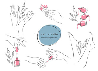 Set of elements for nail studio. Nail polish, nail brush, manicured female hands and legs. Vector illustrations
