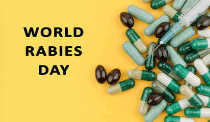 text World Rabies Day, on yellow background with pills, drugs.