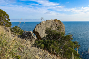 Nature photos on the Golitsyn trail. Landscapes of the Black Sea and the Crimean mountains in greenery. Crimea.