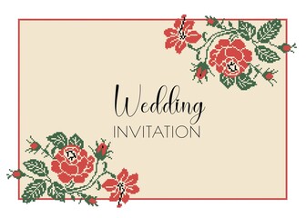 Vintage Wedding invitation template with flower embroidery. 