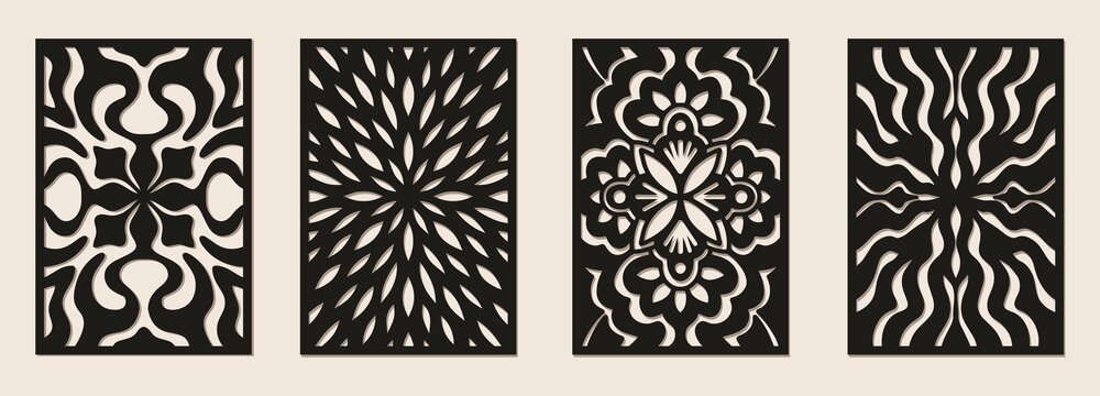 Laser cut pattern set. Vector design with elegant geometric ornament, abstract floral grid, mesh. Template for cnc cutting, decorative panels of wood, metal, paper, plastic.