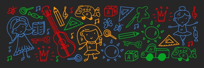 Creativity and imagination. Vector icons with school items.