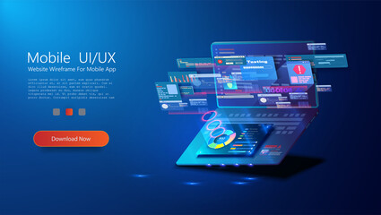 Web development, application design, coding and programming on laptop on isolated background. Adaptive layout internet page or web interface on screen. Programming, cross-platform code testing. Vector