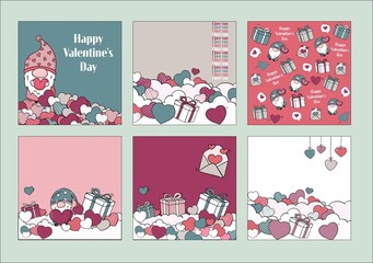 I love you cards, valentine's day, declaration of love, posters for instagram, templates in the same style, gnomes in love, heart, clouds, cute valentines