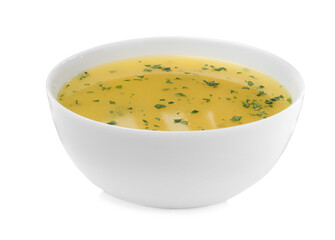 Bowl with lemon sauce on white background. Delicious salad dressing