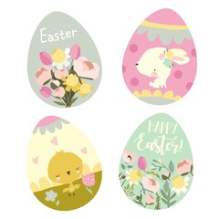 Set of Cartoon Easter Eggs with Animals and Flowers