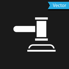 White Judge gavel icon isolated on black background. Gavel for adjudication of sentences and bills, court, justice. Auction hammer. Vector