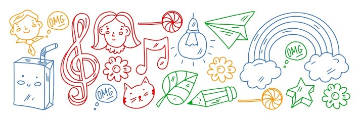 Creativity and imagination. Vector icons with school items.