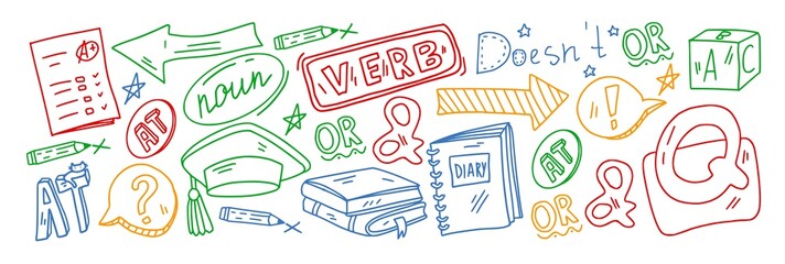 Creativity and imagination. Vector icons with school items.