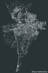 Detailed negative navigation white lines urban street roads map of the Dutch regional capital city of BREDA, NETHERLANDS on dark gray background