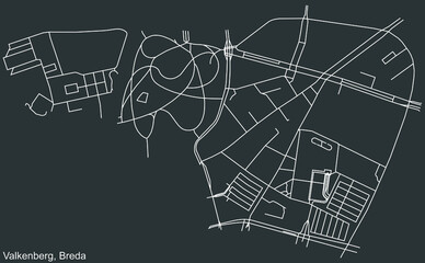 Detailed negative navigation white lines urban street roads map of the VALKENBERG NEIGHBORHOOD of the Dutch regional capital city Breda, Netherlands on dark gray background