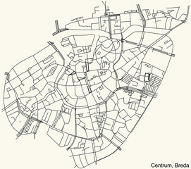 Detailed navigation black lines urban street roads map of the CENTRUM DISTRICT of the Dutch regional capital city Breda, Netherlands on vintage beige background