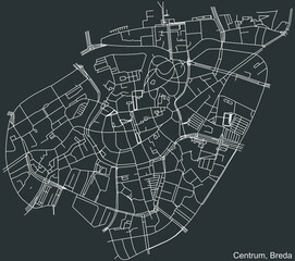 Detailed negative navigation white lines urban street roads map of the CENTRUM DISTRICT of the Dutch regional capital city Breda, Netherlands on dark gray background