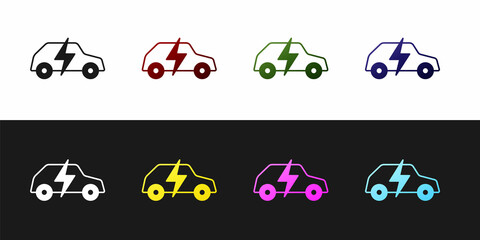 Set Electric car and electrical cable plug charging icon isolated on black and white background. Renewable eco technologies. Vector