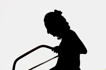 silhouette of a woman on a white background with a saw