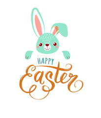 Lettering - happy easter and drawing of a cute blue bunny