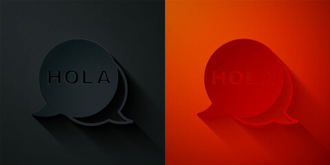 Paper cut Hola icon isolated on black and red background. Paper art style. Vector © vector_v