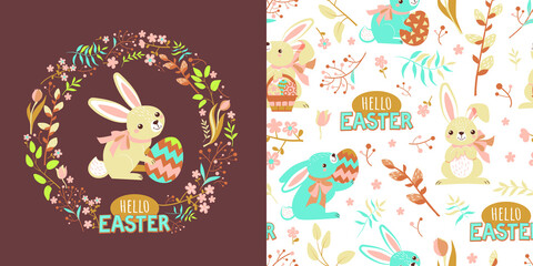 A cute bunny is holding an Easter egg in a wreath of flowers. Easter colorful illustration and seamless pattern with Hello easter text. Vector cartoon