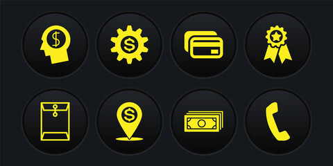 Set Envelope, Medal with star, Cash location pin, Stacks paper money cash, Credit card and Gear dollar symbol icon. Vector