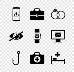 Set Smartphone with upload, Toolbox, Wedding rings, Fishing hook, First aid kit and Hospital bed icon. Vector