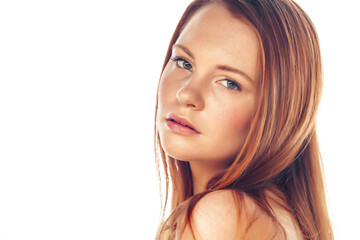 Obraz premium young sweet ginger woman close up isolated on white background, perfect pure innocense beautiful