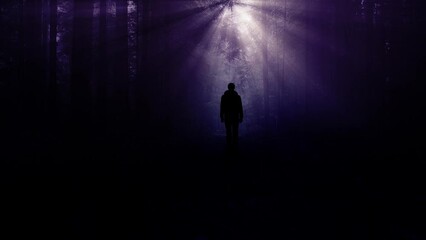 Scary dimmed mystic forest at night and a silhouette of a man standing person animation background.